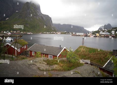 Red Fishermen Cabins In The Fishing Village Of Reine In Lofoten Islands