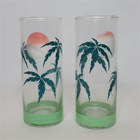 Set Of 4 Vintage Panache Palm Tree Sunset Glasses Highball Tumbler 14 Oz Etsy