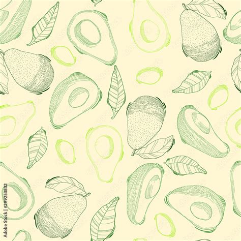 Vector hand drawn avocado seamless pattern on begie background. Whole ...