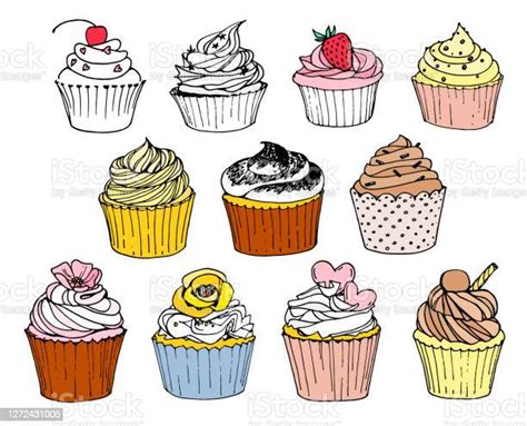 Beyaz Arka Plan Üzerinde Cupcakes Ile Elle Çizilmiş Set Vektör Illüstrasyon Stok Vektör Sanatı