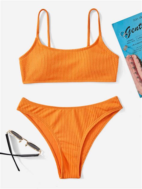 Shein Swim Vcay Ribbed Bikini Set Wireless Bra Top And Hipster Bikini