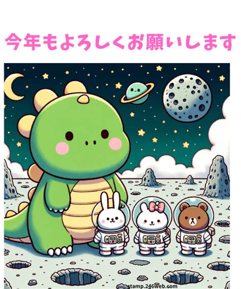 年賀状無料lineスタンプ 2024年 辰年「年賀状 龍（竜）宇宙旅行 今年もよろしくお願いします」 年賀状無料lineスタンプ