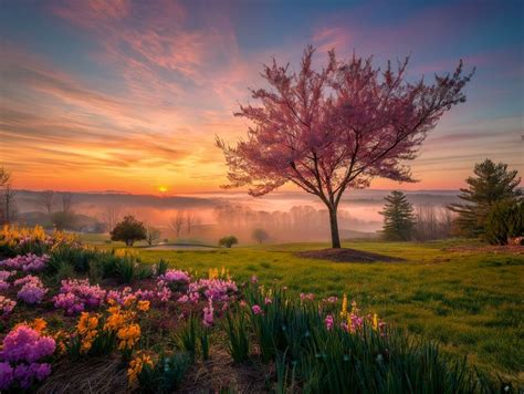 Nature Photos-Spring Sunrise Over a Serene Blooming Landscape