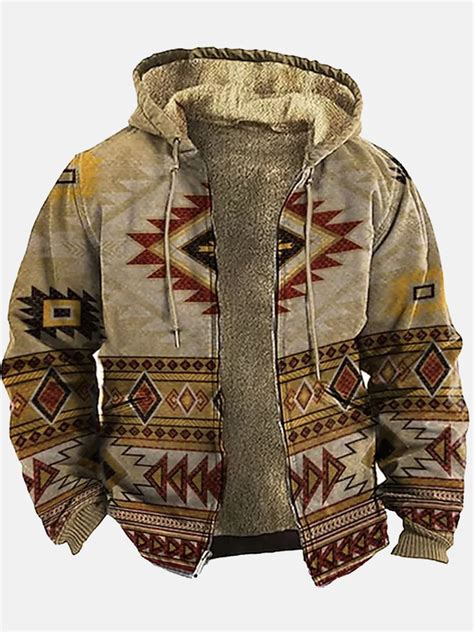 Royaura Vintage Aztec Khaki Mens Drawstring Hoodies Stretch Warm