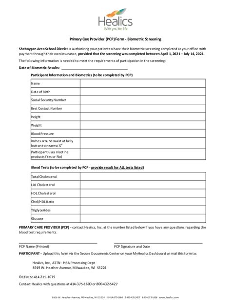 Fillable Online Primary Care Provider Pcp Form Biometric Screening