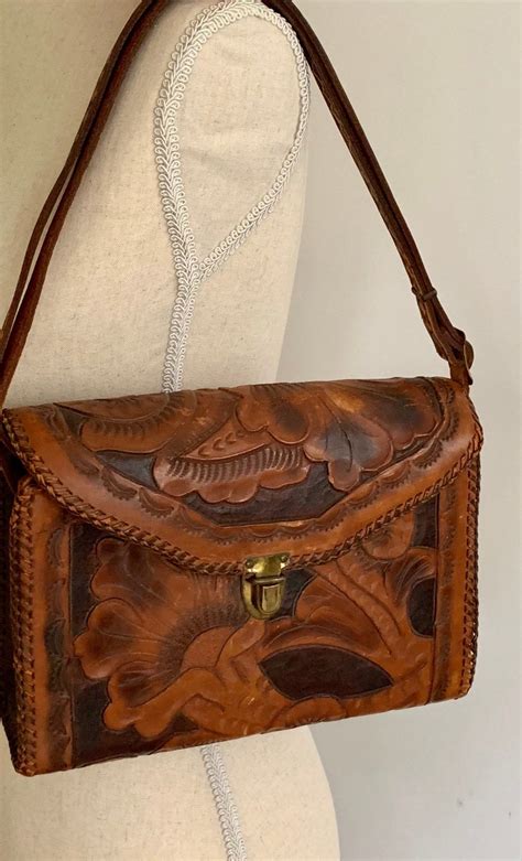 Tooled Leather Purse Handbag Vintage 60s 70s Dark Brown Hand Tooled