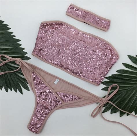 Sexy Sequins Shining Strapless Bottom Side Knot Silver Two Piece Bikini Swimsuit On Luulla