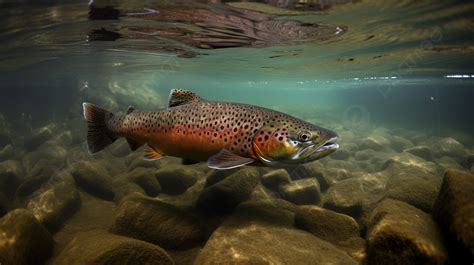 Brown Trout Swimming Underwater Under Rocks Background, American Trout Underwater Photography ...