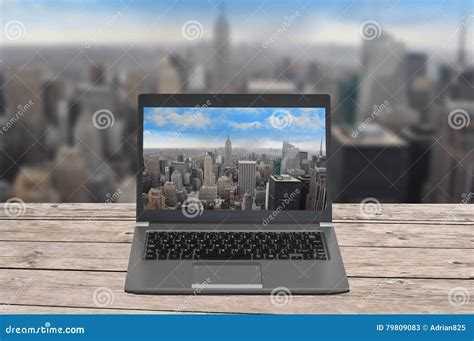 laptop computer   york skyline stock image image  creative