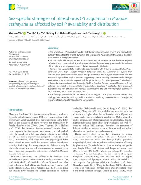 Pdf Sex Specific Strategies Of Phosphorus P Acquisition In Populus Cathayana As Affected By