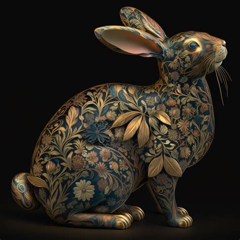 Premium Photo There Is A Blue And Gold Rabbit With A Flowered Design