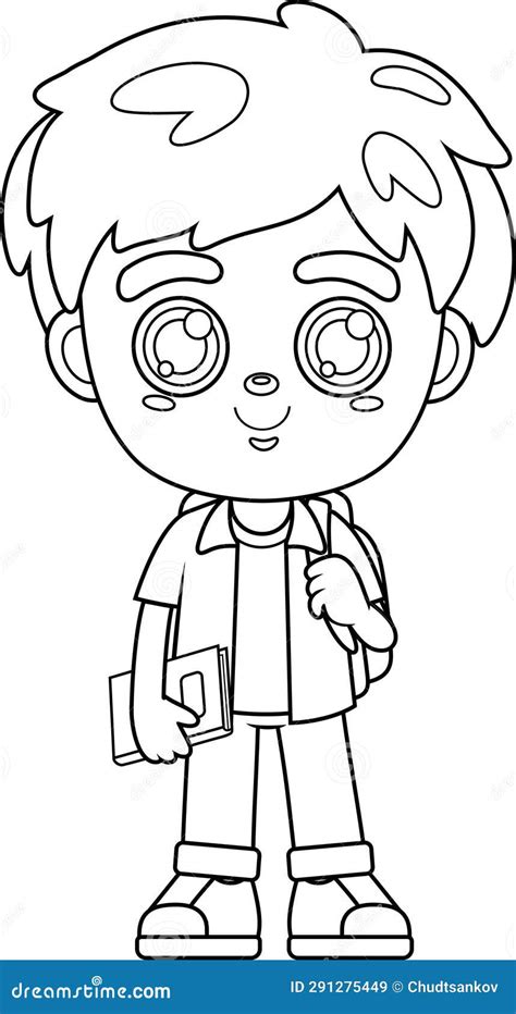 Outlined Happy School Boy Cartoon Character With Backpack And Textbook