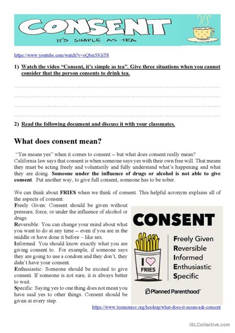 Consent Its Simple As Tea Creative… English Esl Worksheets Pdf And Doc