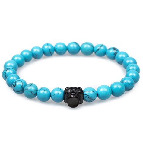 Blue Turquoise Black Skull Bracelet Mens Gemstone Beaded Bracelets Otaa