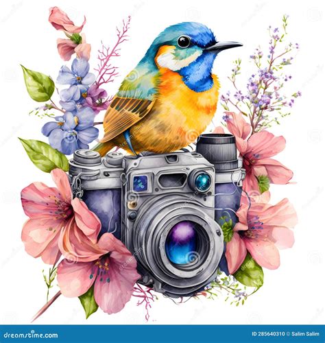 Watercolor Camera With Flowers Sketch Wildflowers Stock Illustration