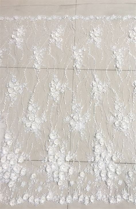 3d Embroidery Flower Lace Fabric Ivory White Beaded Pearl Etsy