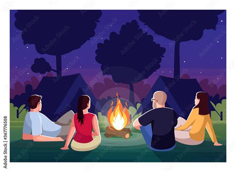 Camping At Night Semi Flat Vector Illustration People Sit Near