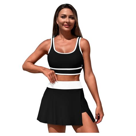 Cbdelite Women S Bikini Sets Tennis Skirt With Shorts Swimsuits Color Block High Cut Bathing