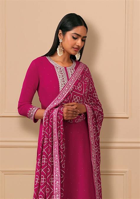 Buy Women Rani Pink Zari Embroidered Kurta Set With Palazzo Pants And