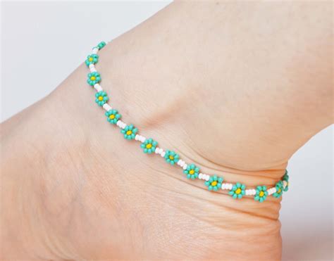 Flower Anklet Seed Bead Ankle Bracelet Turquoise Anklet Etsy