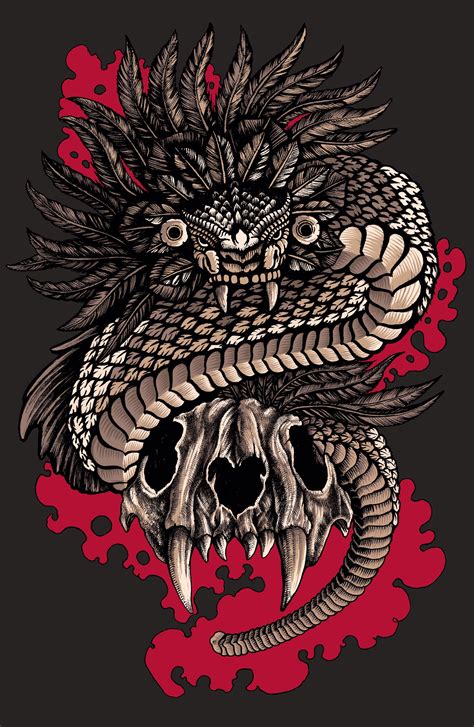 a drawing of a snake and skull on a black background