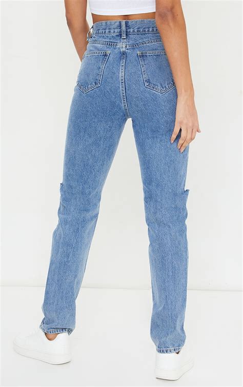 Mid Blue Wash Slash Knee Long Leg Straight Jeans Prettylittlething Usa