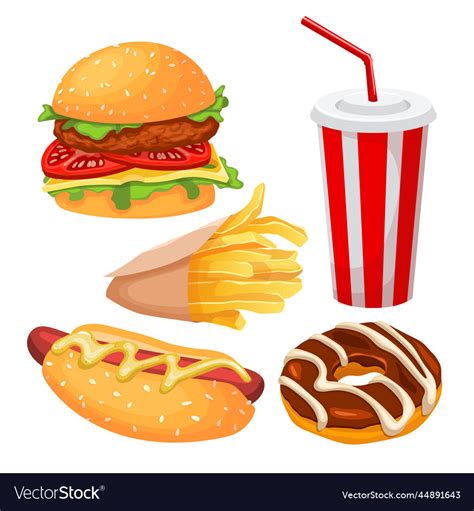 Junk fast food unhealthy set cartoon Royalty Free Vector