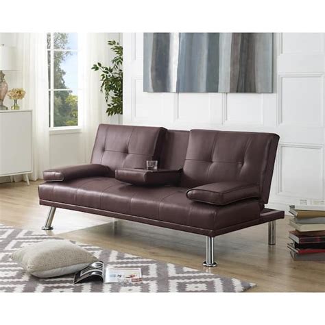 Homestock Espresso Futon Sofa Bed Faux Leather Futon Couch With