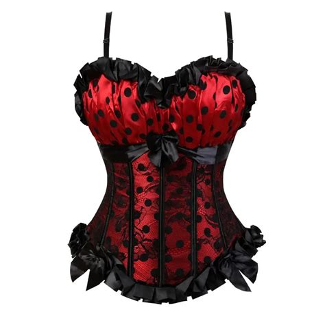 Women Sexy Lace Print Dot Straps Overbust Corset Bow Cup Zipper Side