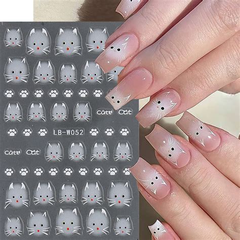 Cute Cat Nail Stickers Lovely White Colourful Cat Nail Slider Kawaii