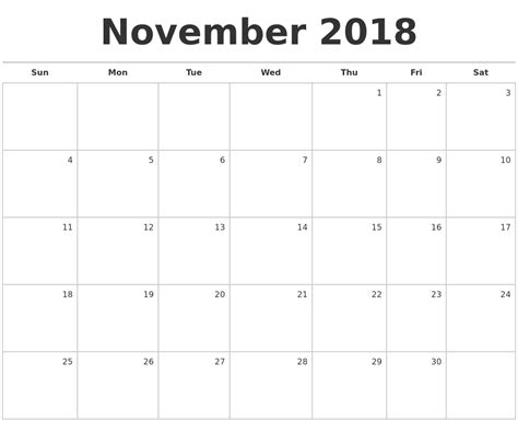 November 2018 Blank Monthly Calendar