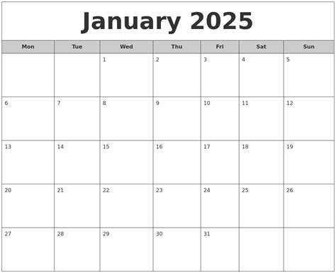 January 2025 Free Monthly Calendar