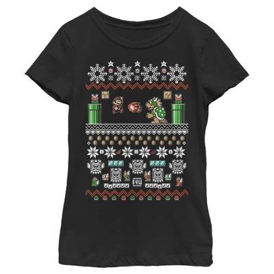 Girl's Nintendo Mario And Bowser Ugly Christmas Sweater T-shirt : Target