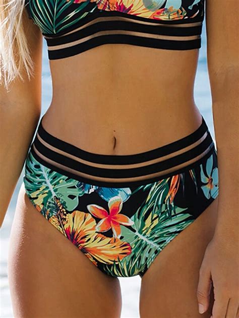 Shein Swim Vcay Tropical Print Mesh Trim Bikini Bottom Shein Usa