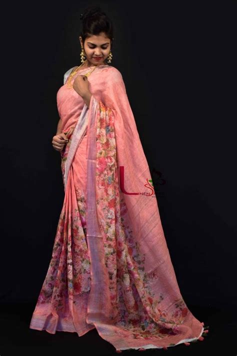 Buy Online Pink Color Digital Print Linen Saree