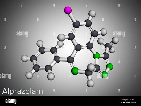 Alprazolam, molecule. It is benzodiazepine, short-acting tranquilizer with anxiolytic, sedative ...