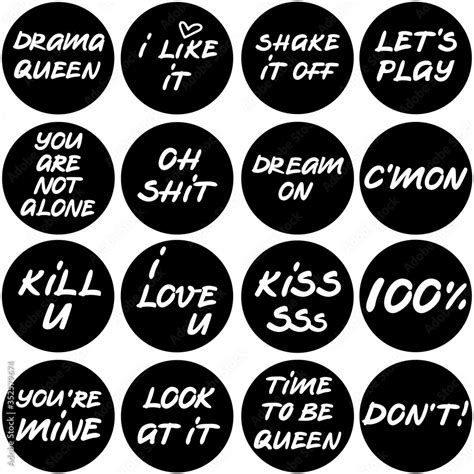 Funny stickers set in vector, lettering in round shapes labels for web, messengers, banners ...