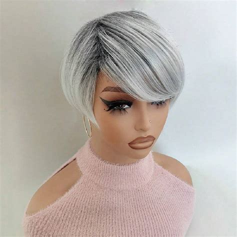 Short Pixie Cut Ombre White Synthetic Hair Wig With Bangs For Women