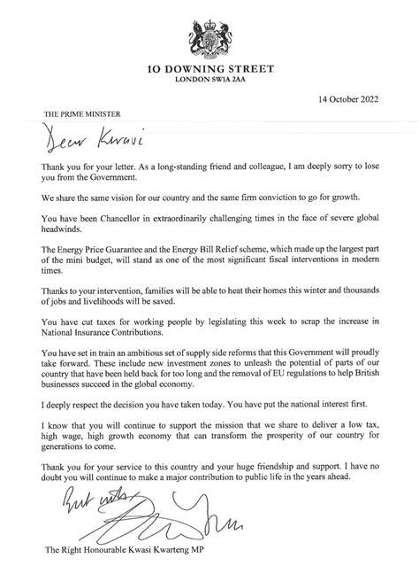 Liz Truss – 2022 Letter to Kwasi Kwarteng Following His Dismissal ...