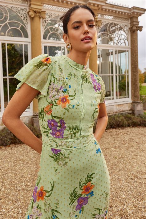 Buy Love And Roses Sage Green Green Floral Metallic Printed High Neck Flutter Sleeve Midi Dress