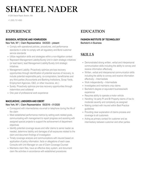 Claim Representative Resume Samples | Velvet Jobs