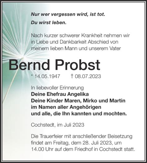 Traueranzeigen Von Bernd Probst Abschied Nehmen De