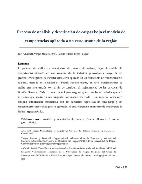 Pdf Proceso De An Lisis Y Descripci N De Cargos Bajo El Modelo