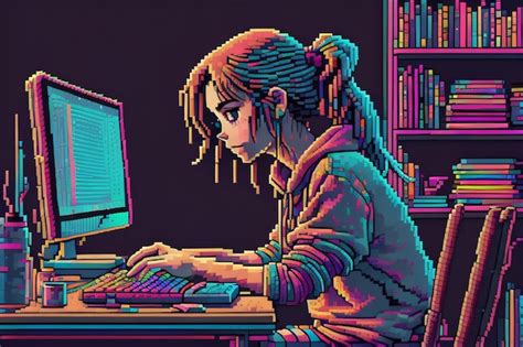 Premium AI Image | Pixel art of a girl at a computer