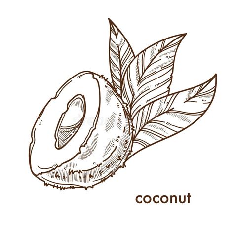 Coconut Cut in Half with Leaf Hand Drawn Sketch Illustration Stock Vector - Illustration of ...