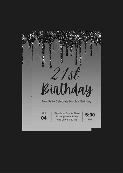 Editable 21st Birthday Invitation Black And Silver Glitter Drip