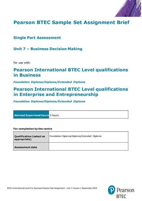 Unit 7 Assignment Brief Btec International Level 3 In Business