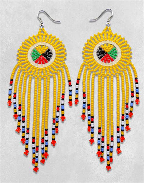 African Beaded Earrings Circle Tassel Yellow African Beadwork