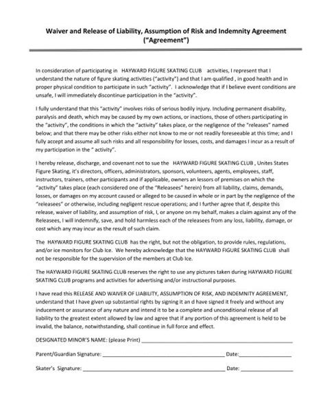 Printable Waiver And Assumption Of Risk Template