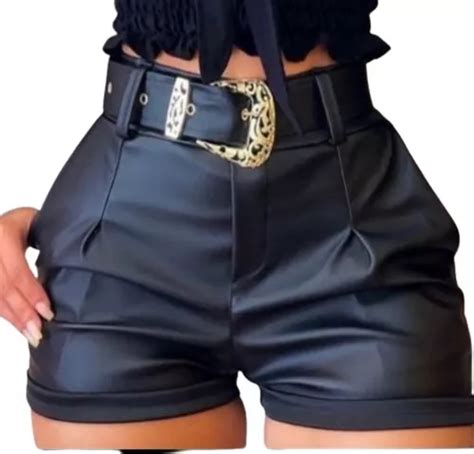 Shorts Couro Fake Cinto Fivela Moda Parcelamento Sem Juros